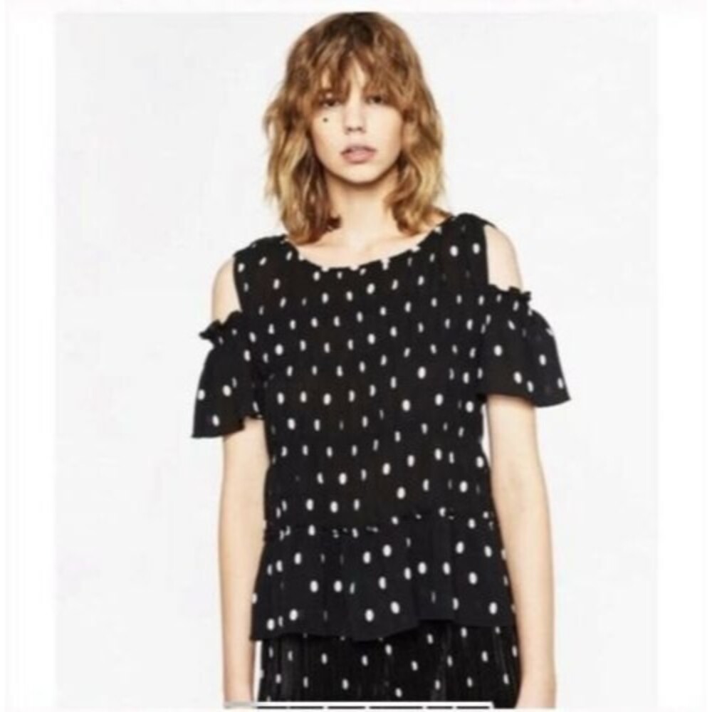 Zara Basics Polka-dot Cold Shoulder Blouse Black White S
